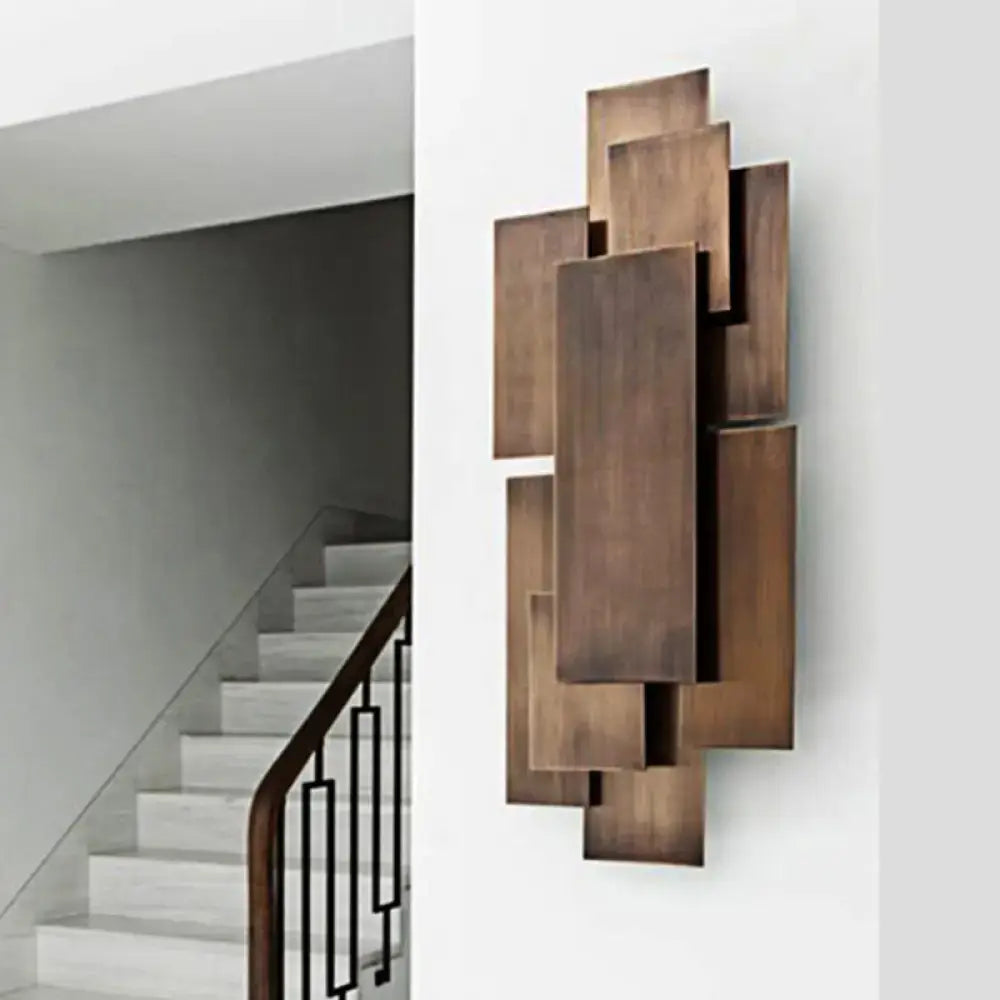 Dark Wood Wall Sconce with layered brown wood panels by Decorbites in geometric arrangement on Tampa Home & Garden Store