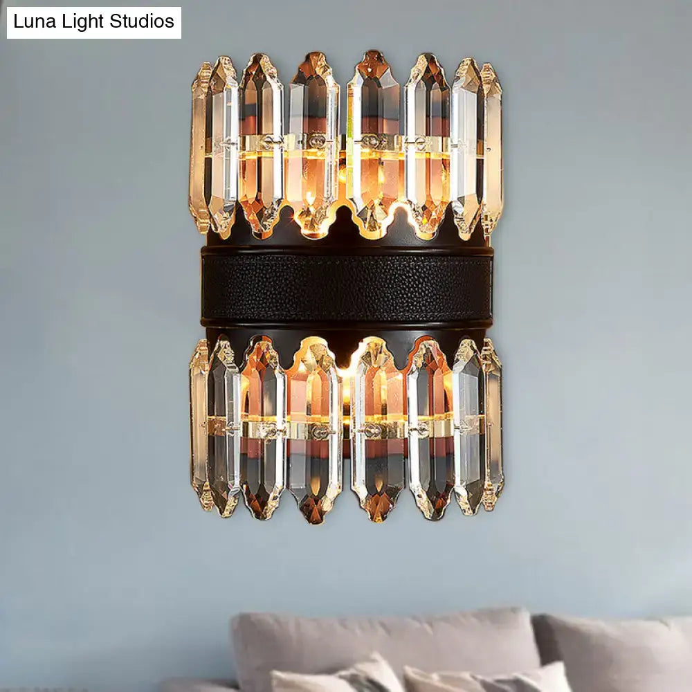 Black crystal wall sconce with clear crystal prisms and a textured black metal band on Tampa Home & Garden Store