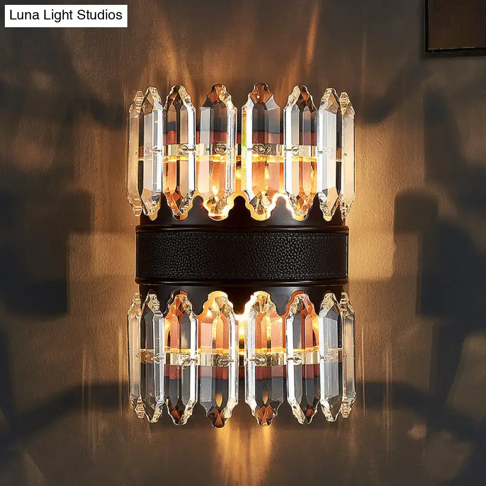 Black crystal wall sconce with tiered glass prisms and a black metal band, 2 or 4 light on Tampa Home & Garden Store
