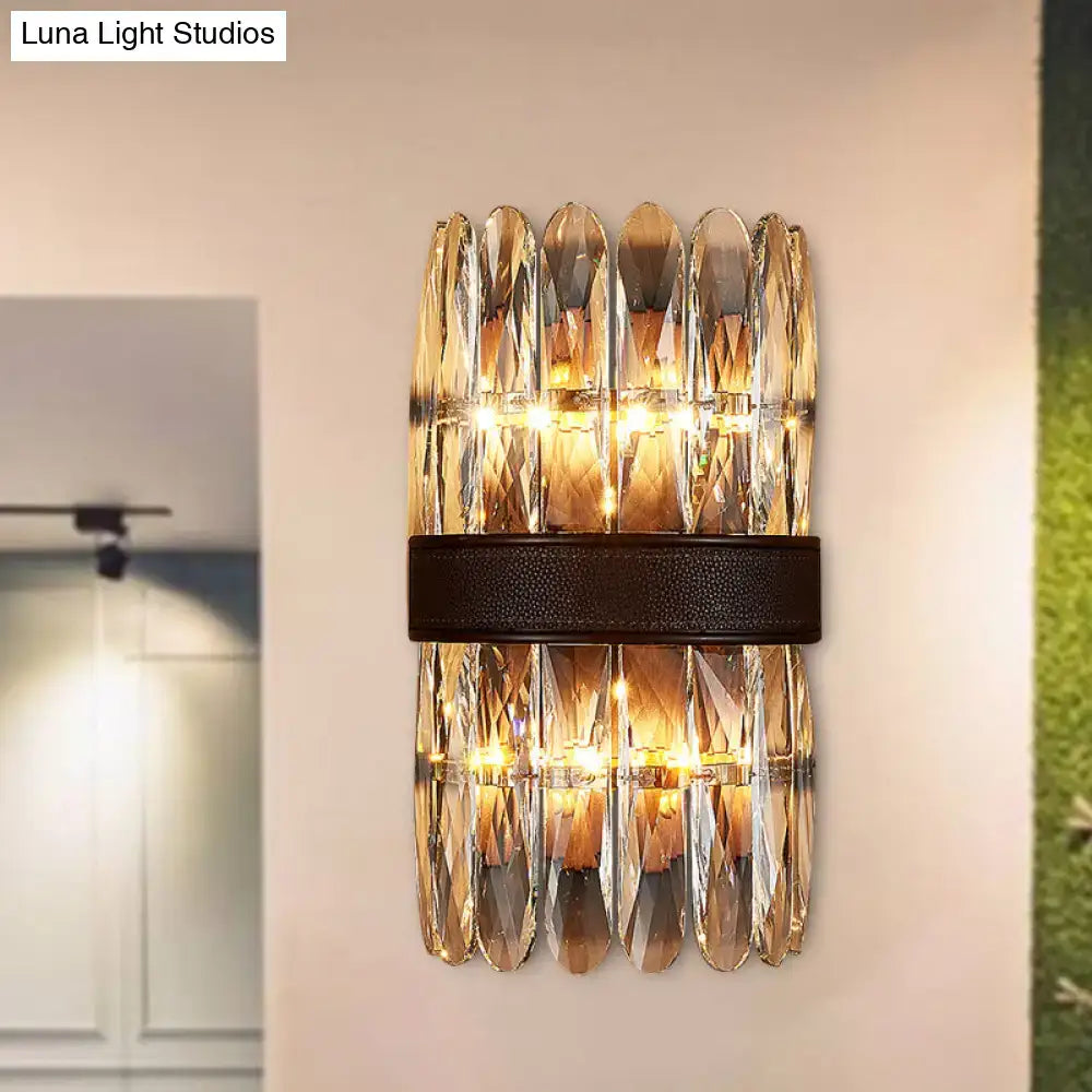 Decorbites black crystal wall sconce with dual-row faceted prisms and a textured black band on Tampa Home & Garden Store