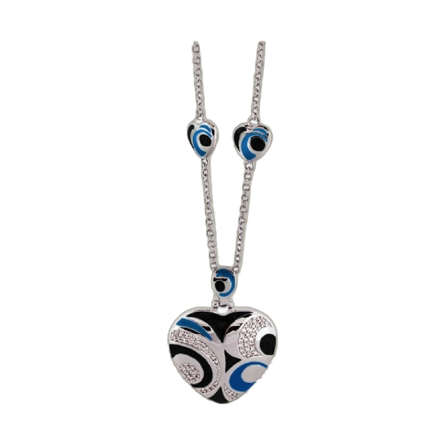 Modern Art Necklace pendant on silver chain with round blue black white enamel disc; two pendants on Tampa Home & Garden Store