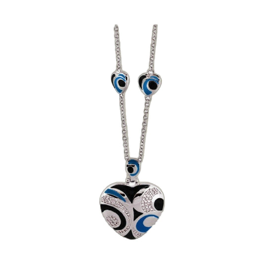 Modern Art Necklace pendant on silver chain with round blue black white enamel disc; two pendants on Tampa Home & Garden Store