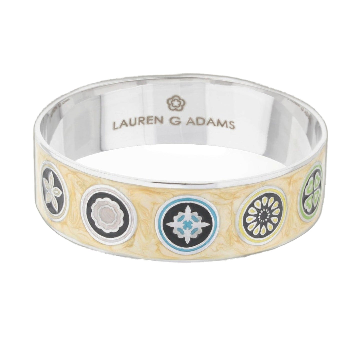 Modern Art Slip-On Bangle by Lauren G Adams, wide silver bracelet with colorful medallions on Tampa Home & Garden Store