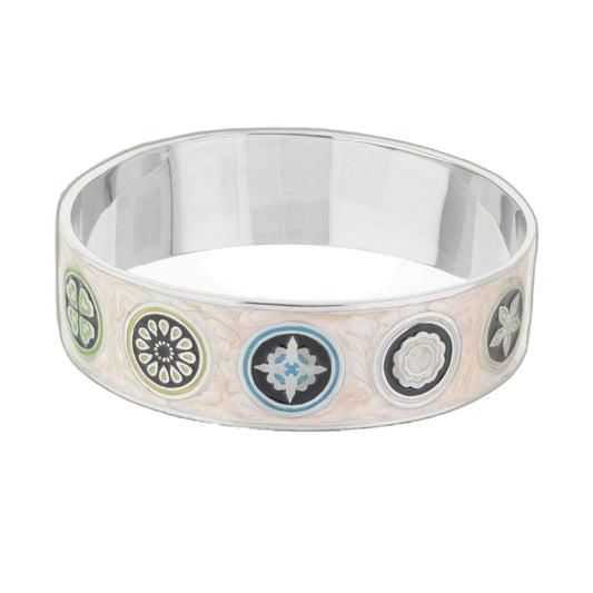 Modern Art Slip-On Bangle by Lauren G Adams with colorful circular medallions on silver cuff on Tampa Home & Garden Store