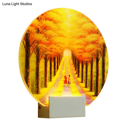 Yellow LED Wall Mounted Lamp: Modern Autumn Avenue Acrylic Mural Light with White Arm