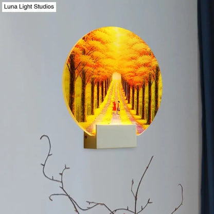 Yellow LED Wall Mounted Lamp: Modern Autumn Avenue Acrylic Mural Light with White Arm