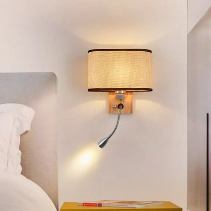 Beige Fabric Reading Lamp wall sconce with wooden backplate and flexible reading arm on Tampa Home & Garden Store