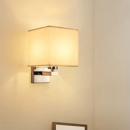Beige fabric shade sconce by Decorbites, chrome wall mount with square backplate on Tampa Home & Garden Store