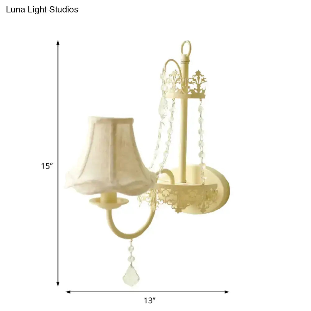 Modern beige ornate crystal sconce with fabric shade, 15in tall, 13in wide Decorbites fixture on Tampa Home & Garden Store