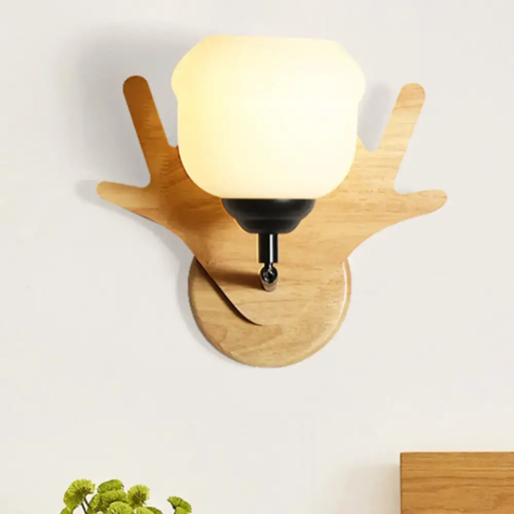 Wood Deer Head Wall Sconce natural wood finish with frosted glass shade by Decorbites on Tampa Home & Garden Store