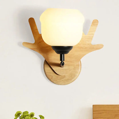 Wood Deer Head Wall Sconce natural wood finish with frosted glass shade by Decorbites on Tampa Home & Garden Store