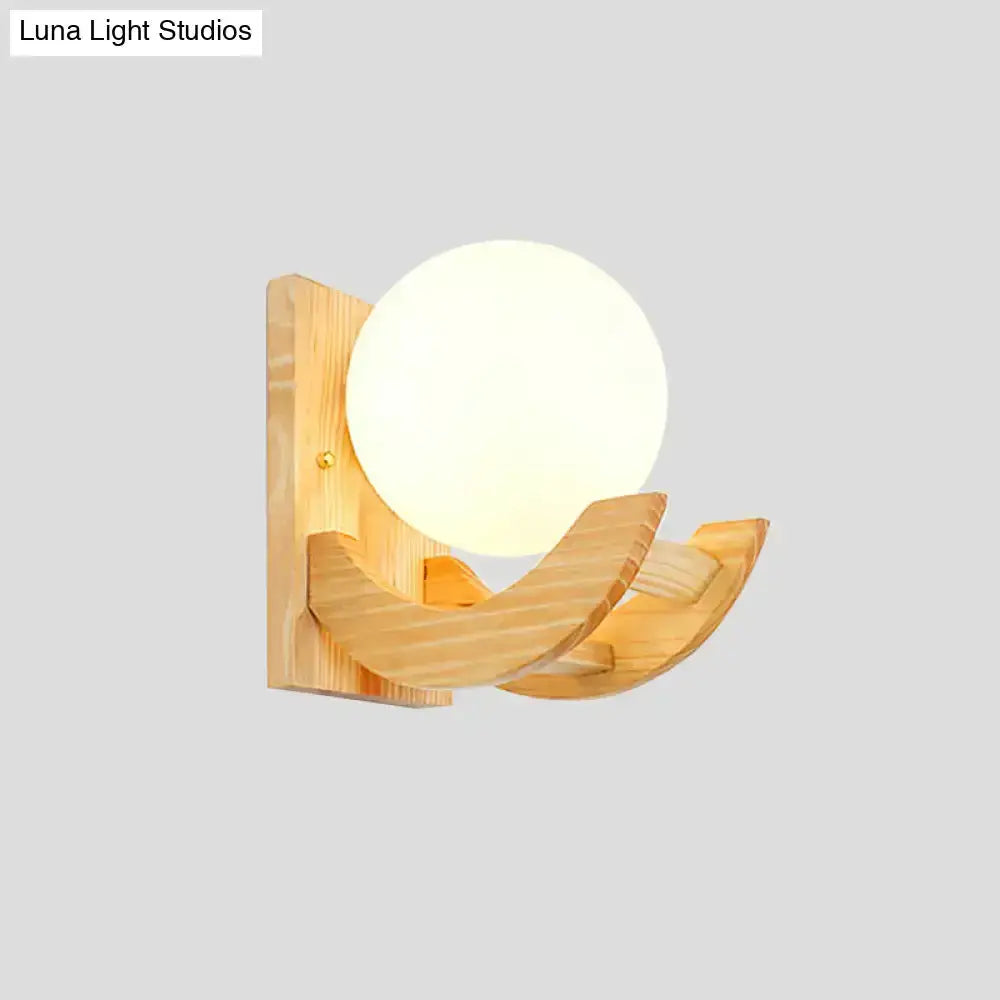 Beige Wood Sconce Light Fixture With Arced Arm