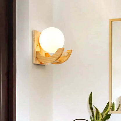 Beige Wood Sconce Light Fixture With Arced Arm