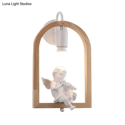 Beige Wooden Arched Wall Lamp with Bird Decor