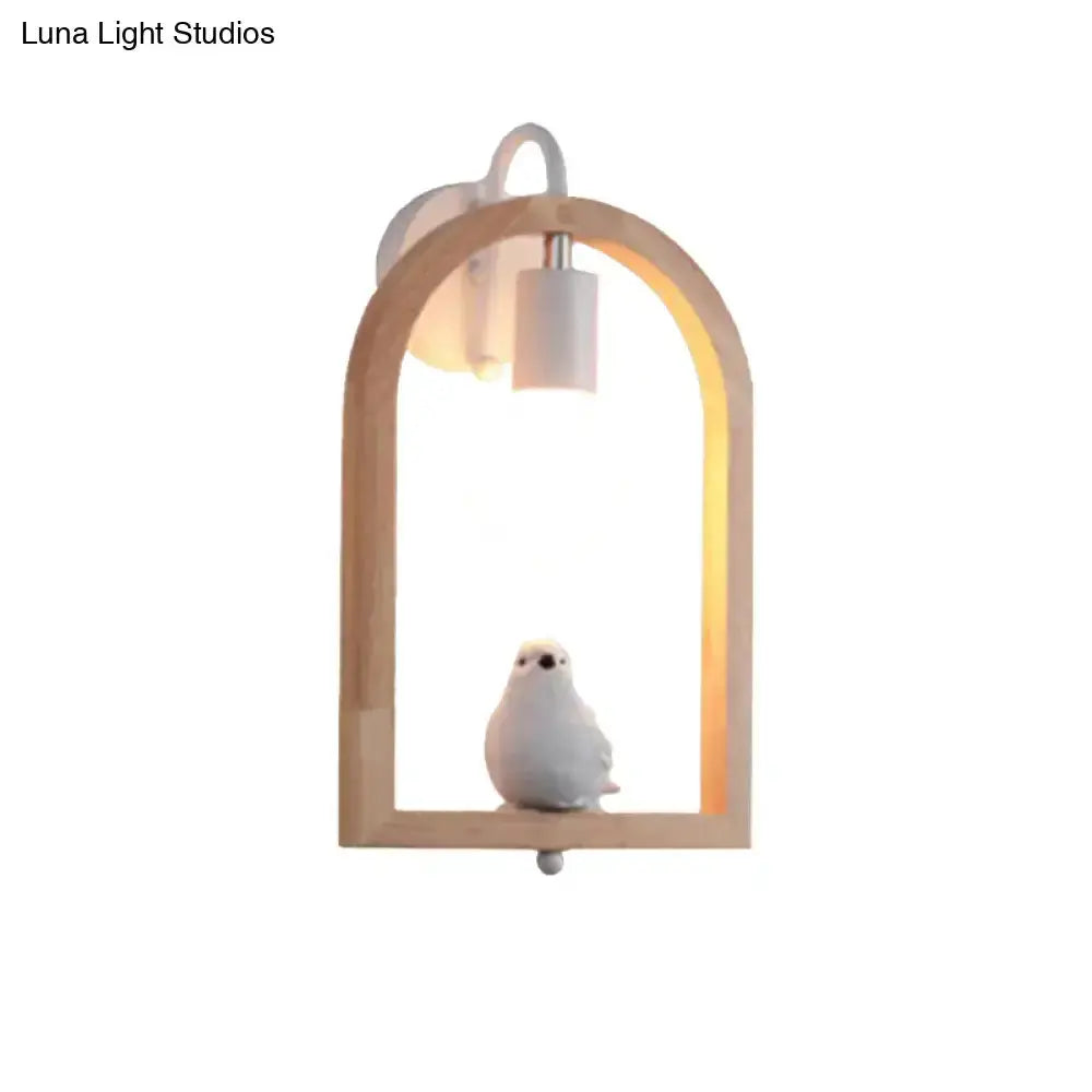 Beige Wooden Arched Wall Lamp with Bird Decor
