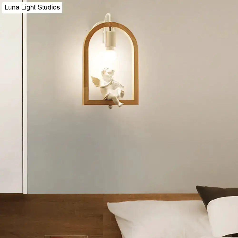 Beige Wooden Arched Wall Lamp with Bird Decor