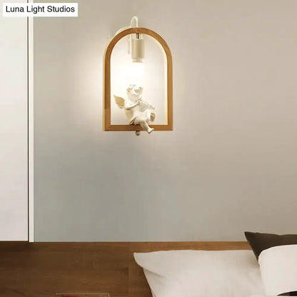 Beige Wooden Arched Wall Lamp with Bird Decor