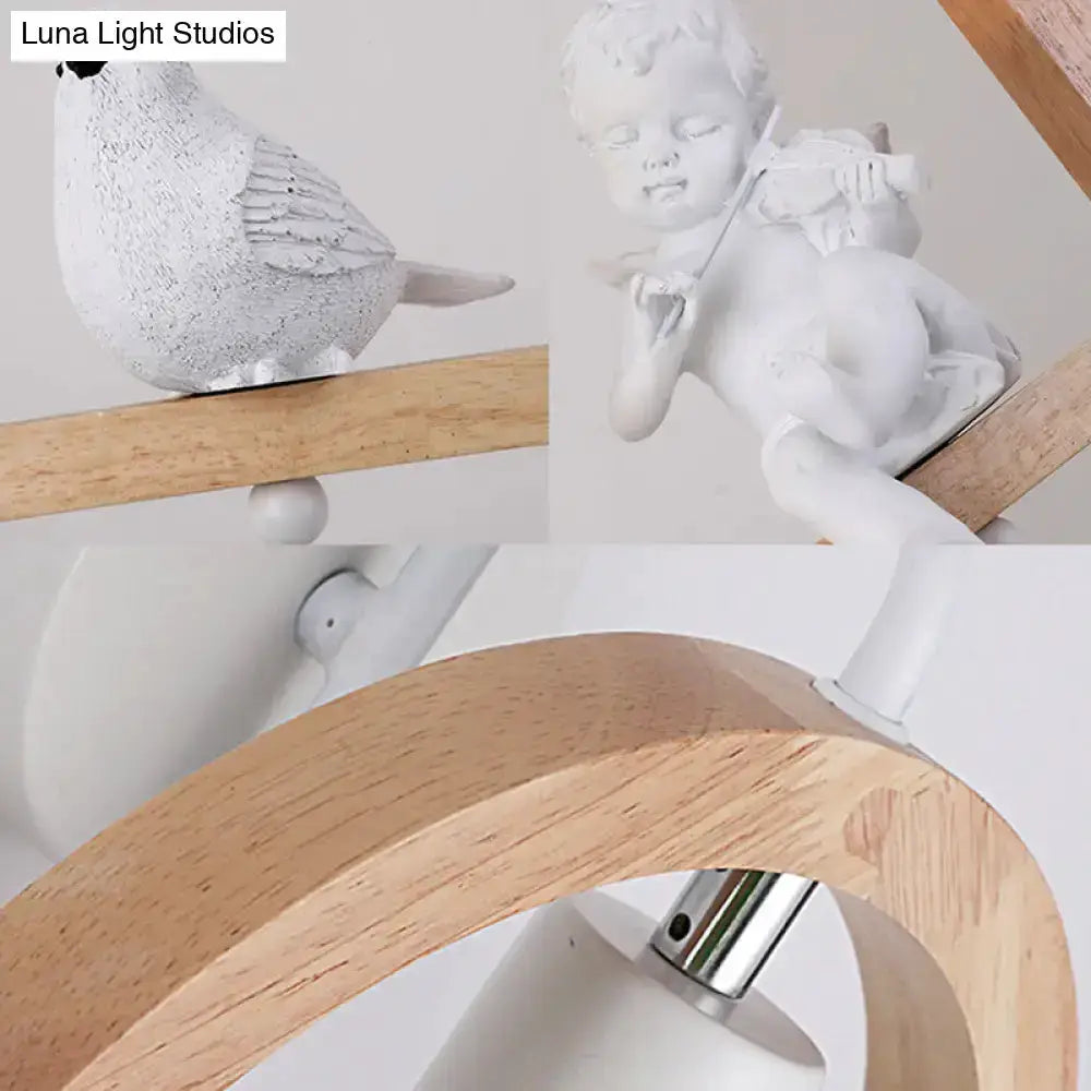 Beige Wooden Arched Wall Lamp with Bird Decor