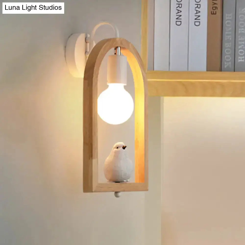 Beige Wooden Arched Wall Lamp with Bird Decor
