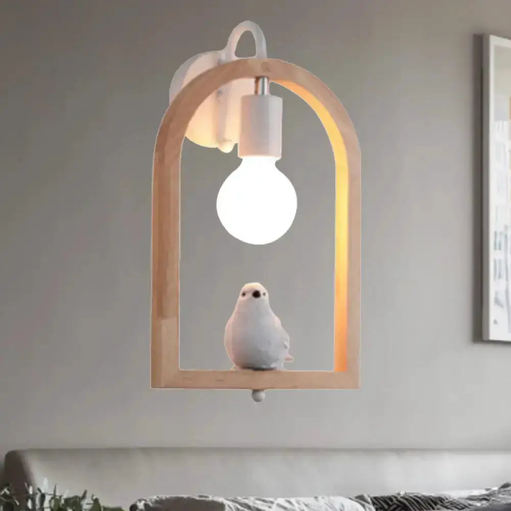 Beige Wooden Arched Wall Lamp with Bird Decor