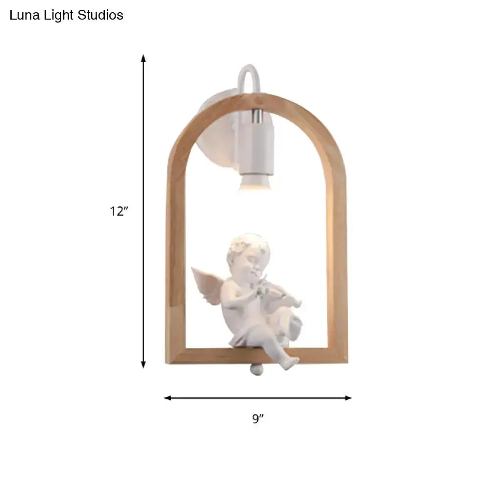Beige Wooden Arched Wall Lamp with Bird Decor