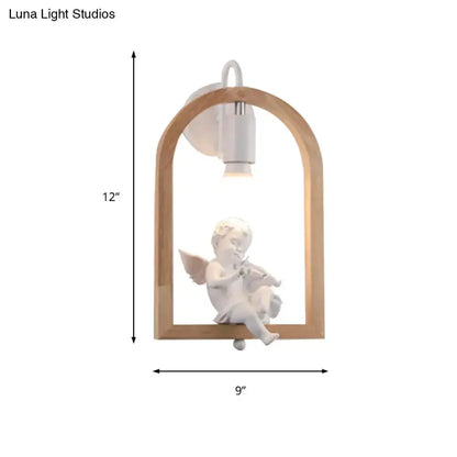 Beige Wooden Arched Wall Lamp with Bird Decor