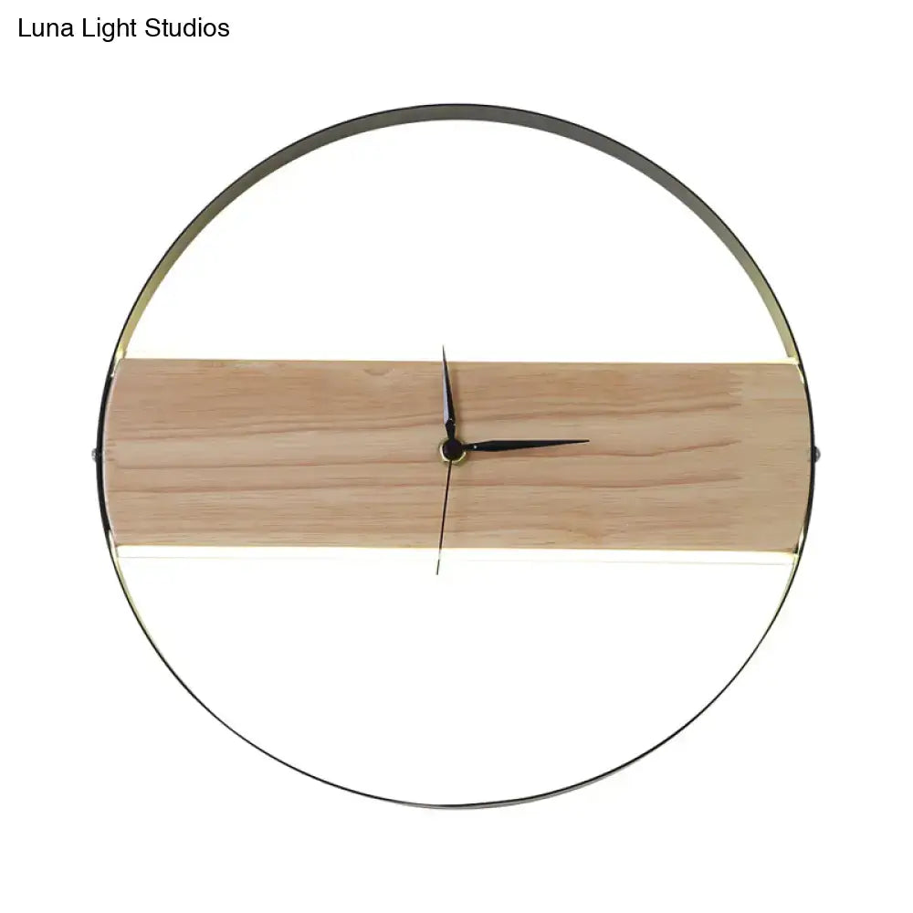 Beige wooden LED wall clock with circular metal frame and horizontal wood panel Decorbites on Tampa Home & Garden Store