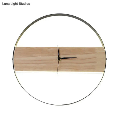 Beige wooden LED wall clock with circular metal frame and horizontal wood panel Decorbites on Tampa Home & Garden Store