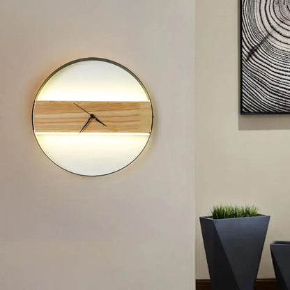Beige Wooden LED Wall Clock by Decorbites with central wood stripe and ambient backlight on Tampa Home & Garden Store