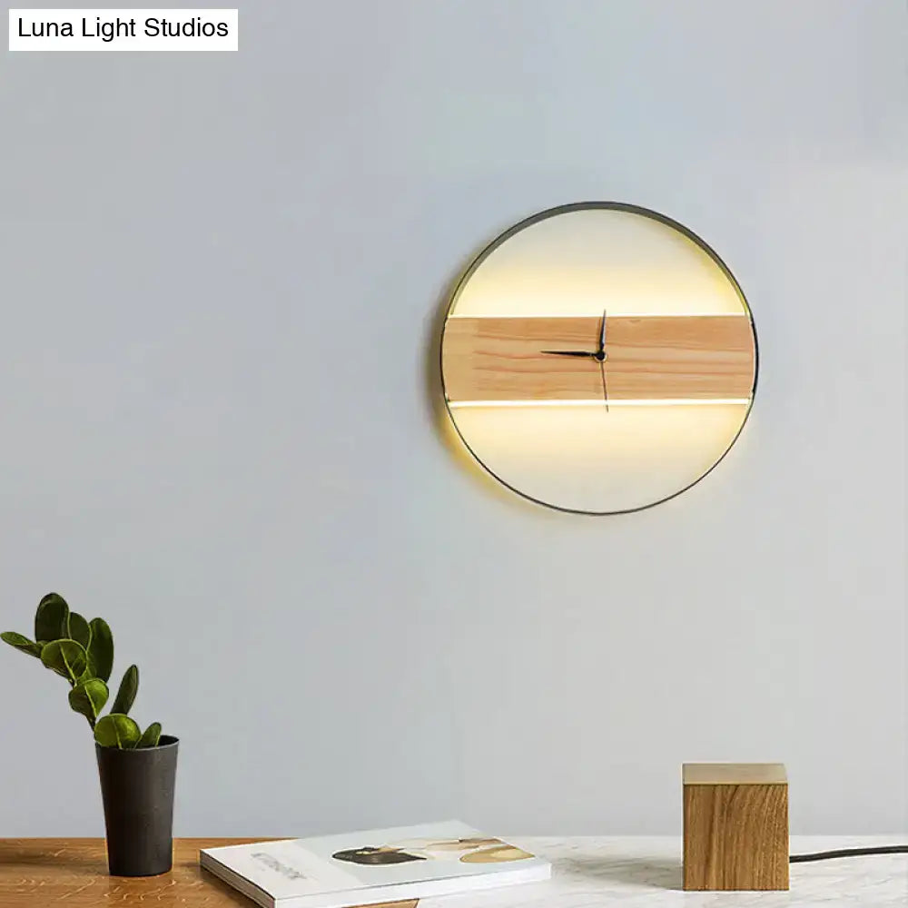 Beige wooden LED wall clock with backlit circular frame and central wood panel by Decorbites on Tampa Home & Garden Store