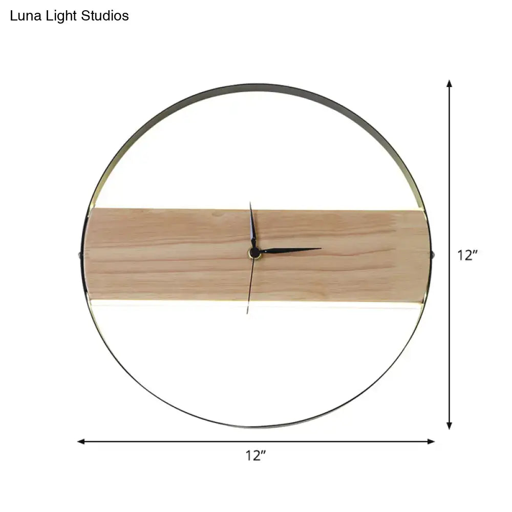 Beige wooden LED wall clock with circular metal frame and wooden center panel Decorbites on Tampa Home & Garden Store