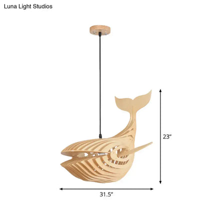 Wooden Kids Whale Pendant Lamp - Modern Hanging Light in Beige, 21.5"/31.5"/39" Wide
