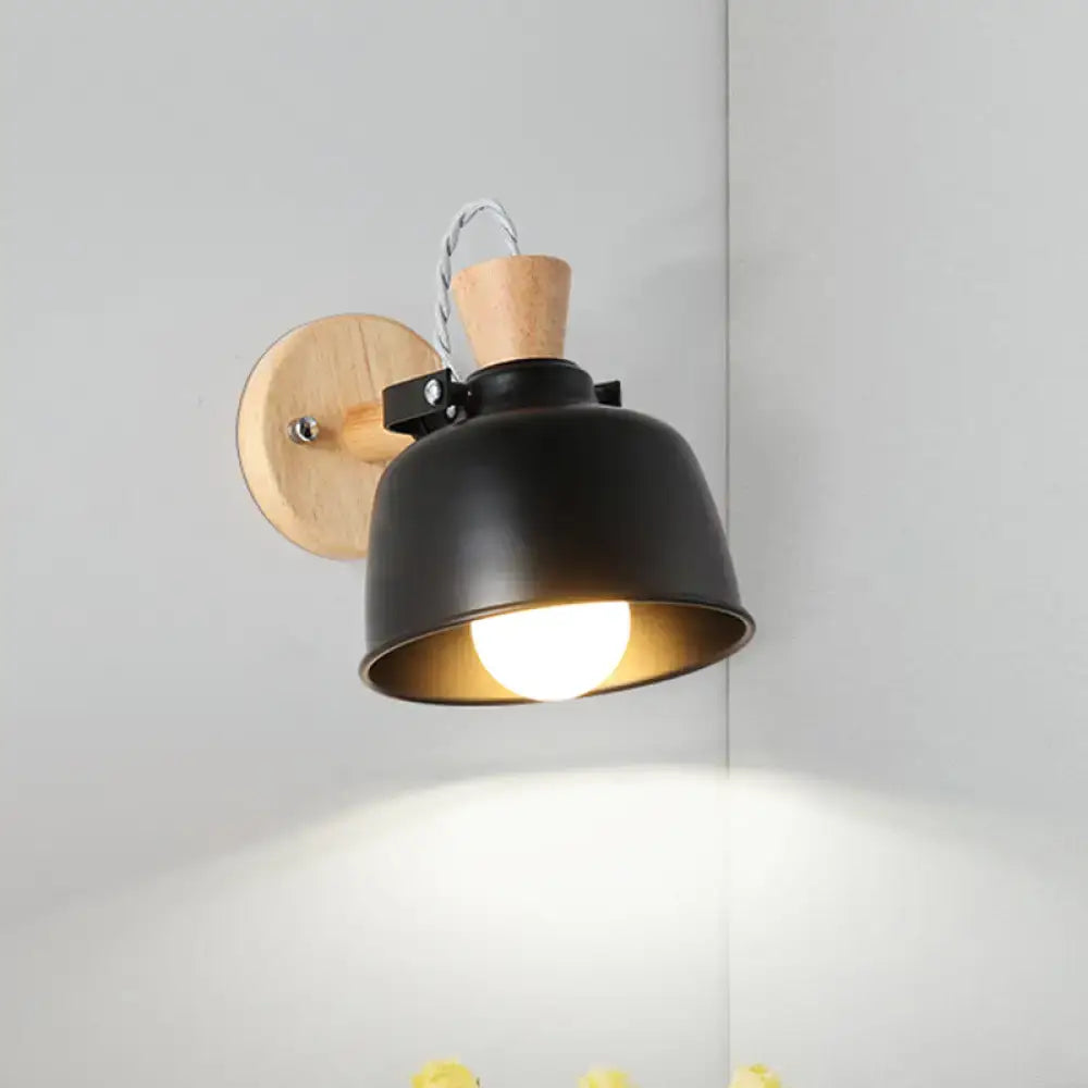 Black brass wood sconce by Decorbites; wall lamp with black shade and wood backplate on Tampa Home & Garden Store