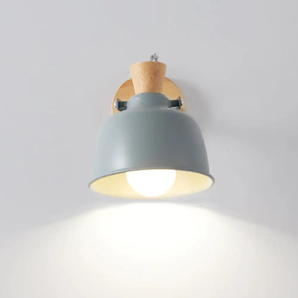 Black brass wood sconce with gray shade and natural wood backplate, wall-mounted light on Tampa Home & Garden Store