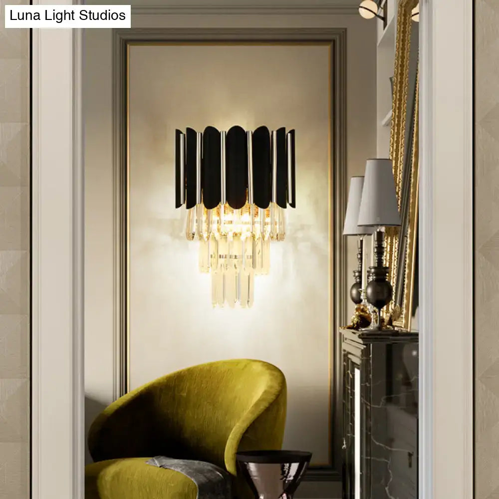 Black crystal tiered wall sconce with hanging prisms by Decorbites for bedroom on Tampa Home & Garden Store