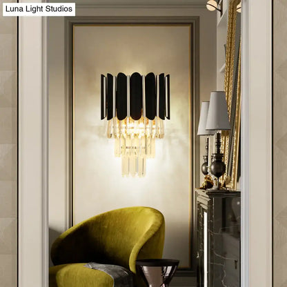 Black crystal tiered wall sconce with hanging prisms by Decorbites for bedroom on Tampa Home & Garden Store