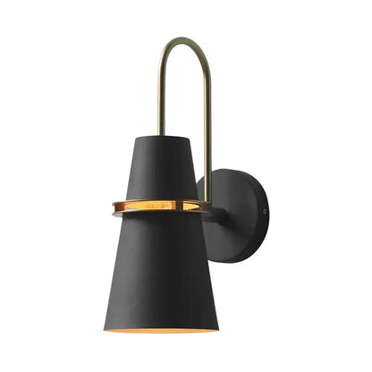 Decorbites modern black conical wall sconce with gold ring and curved brass arm on Tampa Home & Garden Store