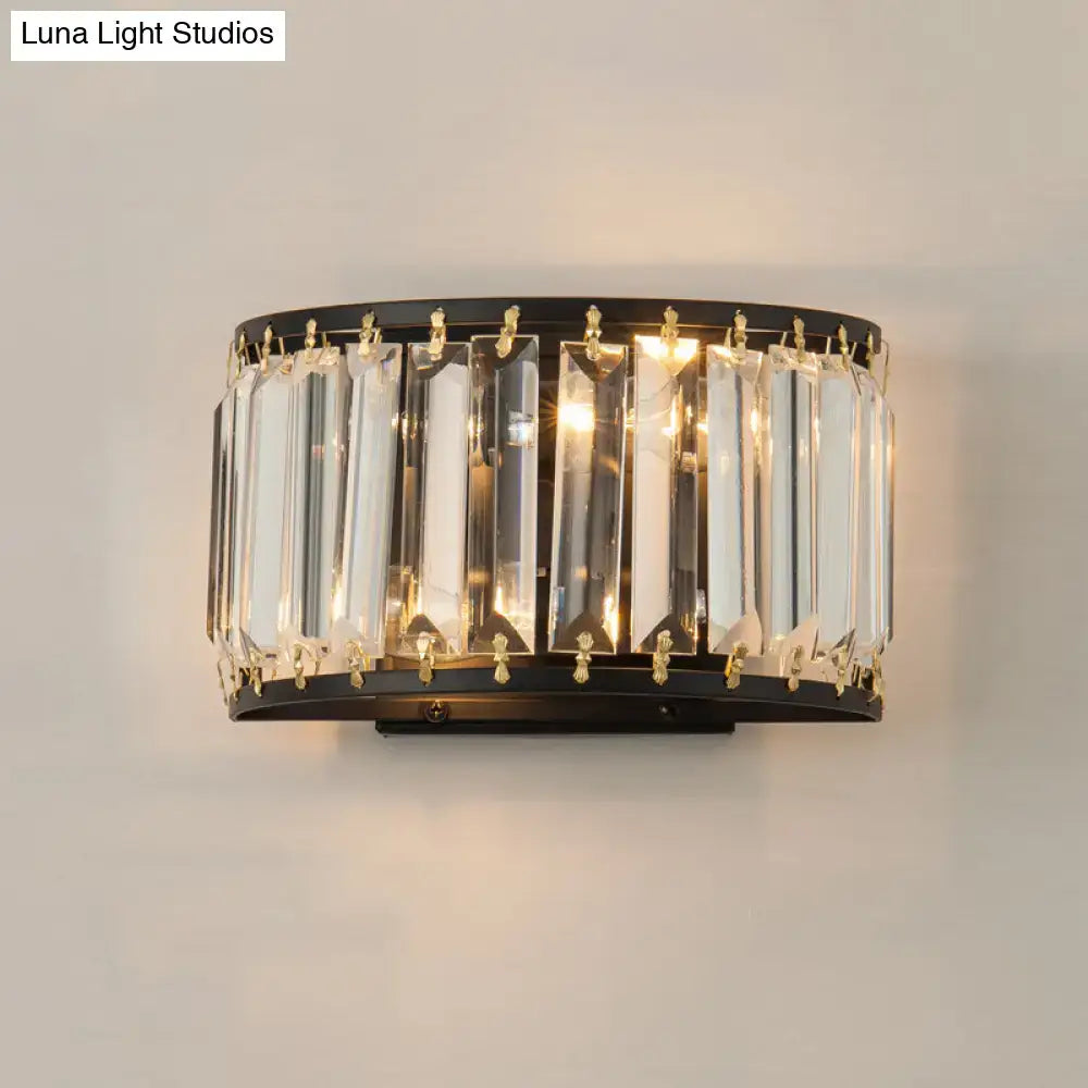 Black Crystal Compact Wall Lamp with clear prisms surrounding a black metal frame on Tampa Home & Garden Store