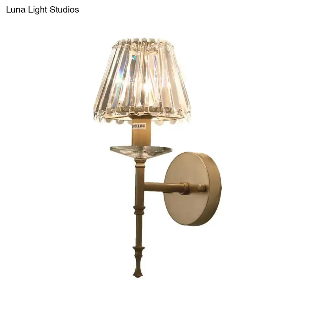 Modern gold brass crystal wall light with decorative stem and crystal shade, E12 fixture on Tampa Home & Garden Store