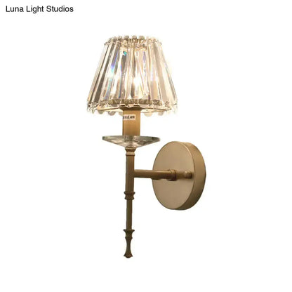 Modern gold brass crystal wall light with decorative stem and crystal shade, E12 fixture on Tampa Home & Garden Store