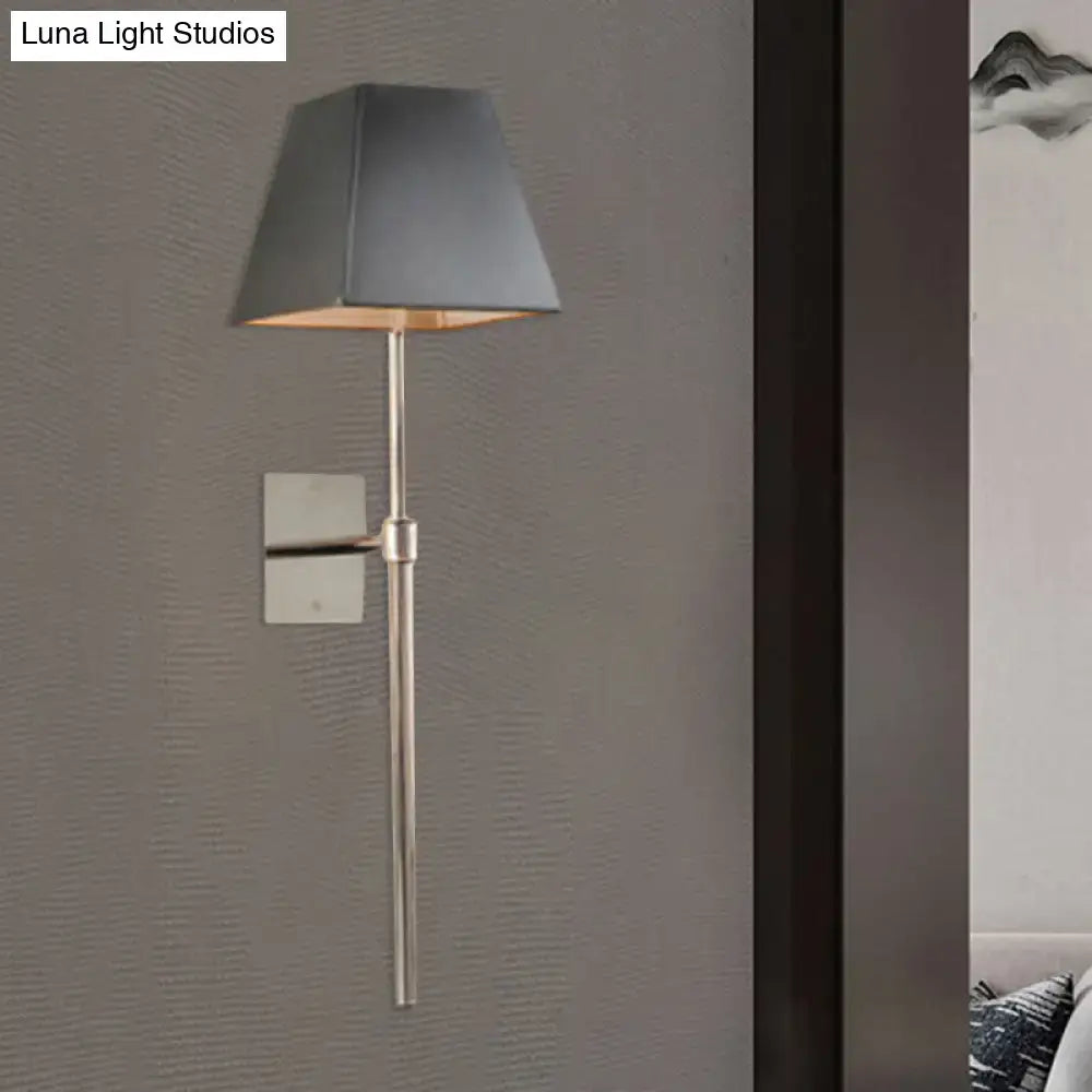 Black nickel sconce light wall-mounted with slender stem and gray fabric shade by Decorbites on Tampa Home & Garden Store