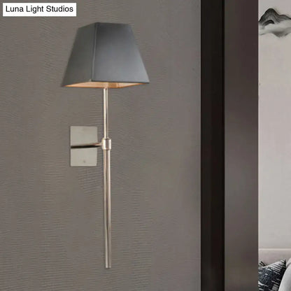 Black nickel sconce light wall-mounted with slender stem and gray fabric shade by Decorbites on Tampa Home & Garden Store