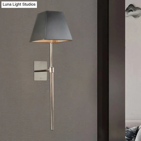 Black nickel sconce light wall-mounted with slender stem and gray fabric shade by Decorbites on Tampa Home & Garden Store