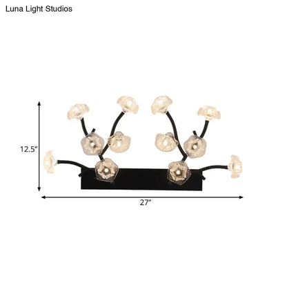 Black Blossom Glass Wall Light with curved black stems and clear glass blossoms, 27in wide on Tampa Home & Garden Store