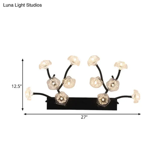 Black Blossom Glass Wall Light with curved black stems and clear glass blossoms, 27in wide on Tampa Home & Garden Store