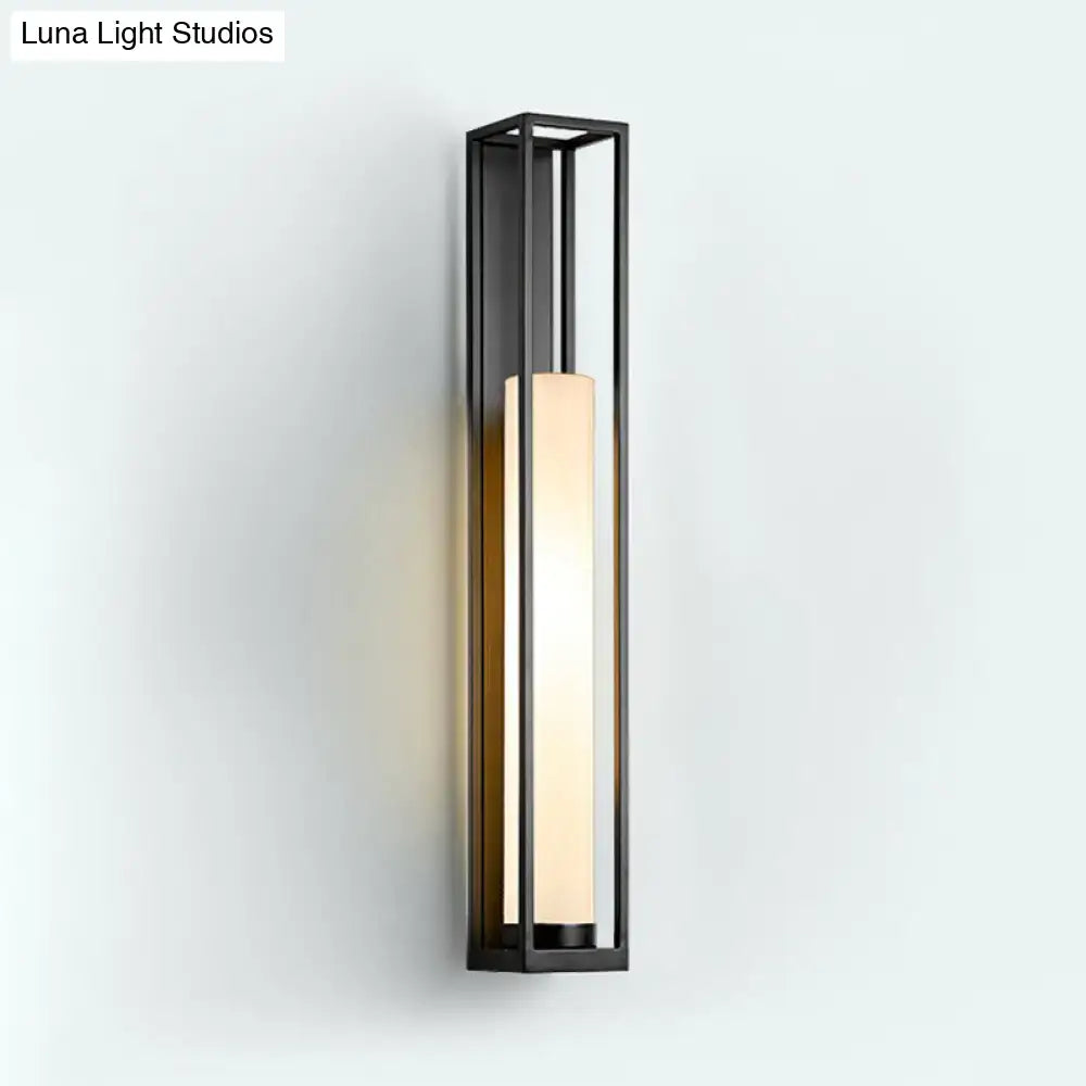 Decorbites White Glass Tubular Sconce with black metal frame and frosted glass tube on Tampa Home & Garden Store