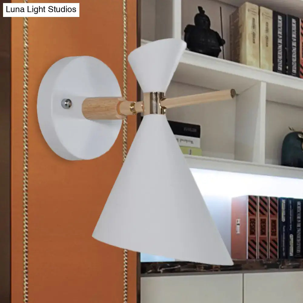 Decorbites angled wall sconce with wooden arm and white conical shade, circular wall mount on Tampa Home & Garden Store