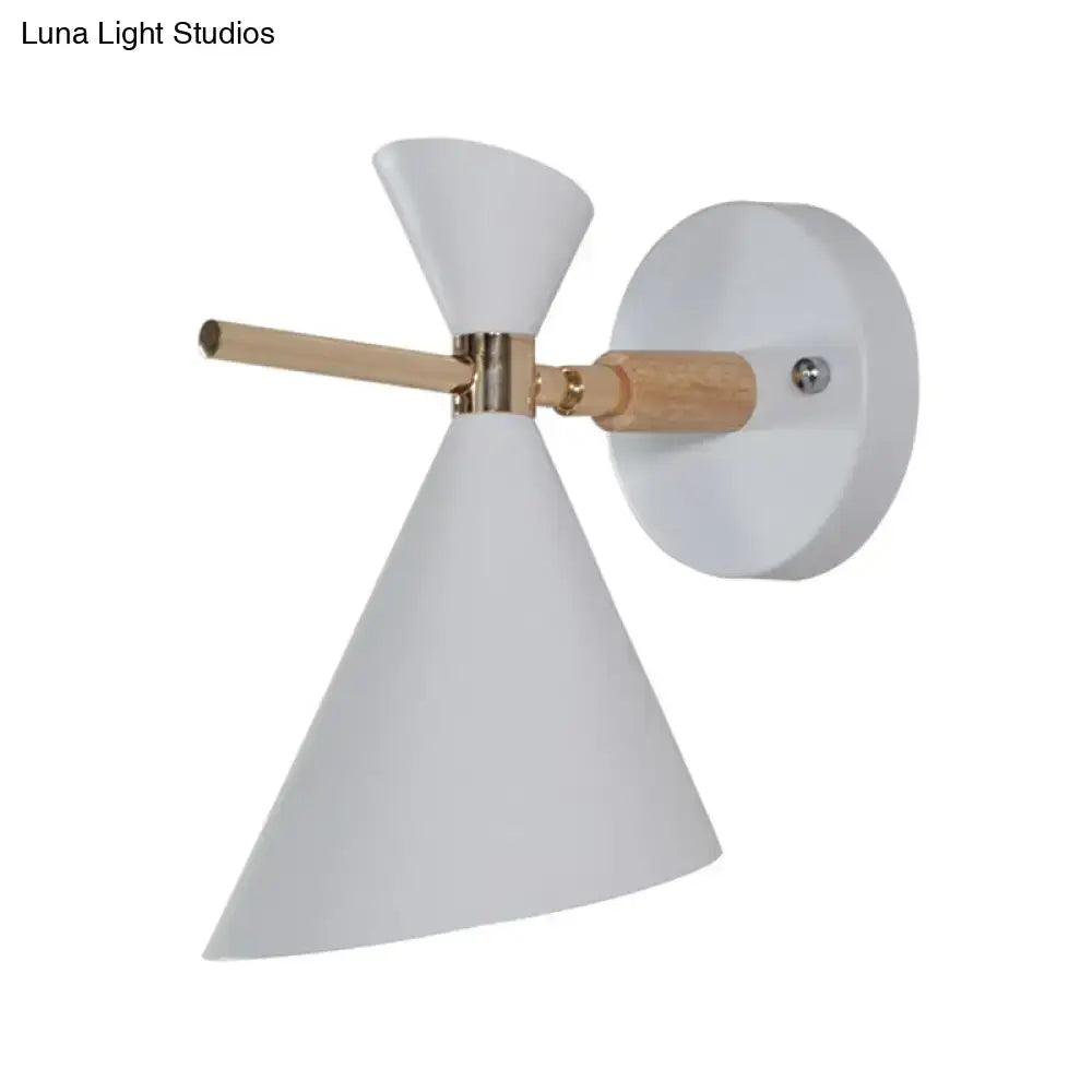 Angle wall sconce with white conical shade, brass and wood arm, round wall mount on Tampa Home & Garden Store