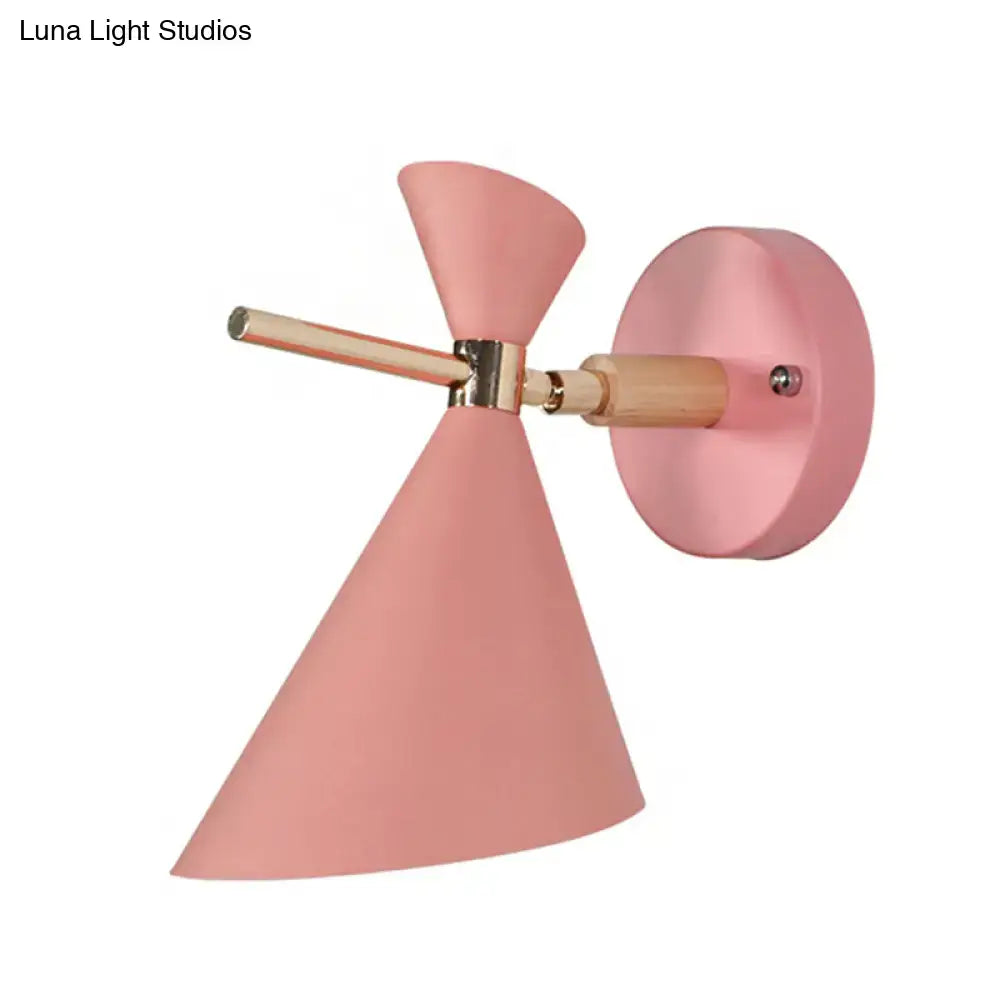 Black Angle Wall Sconce with pink conical shade, wood arm, brass hardware on Tampa Home & Garden Store