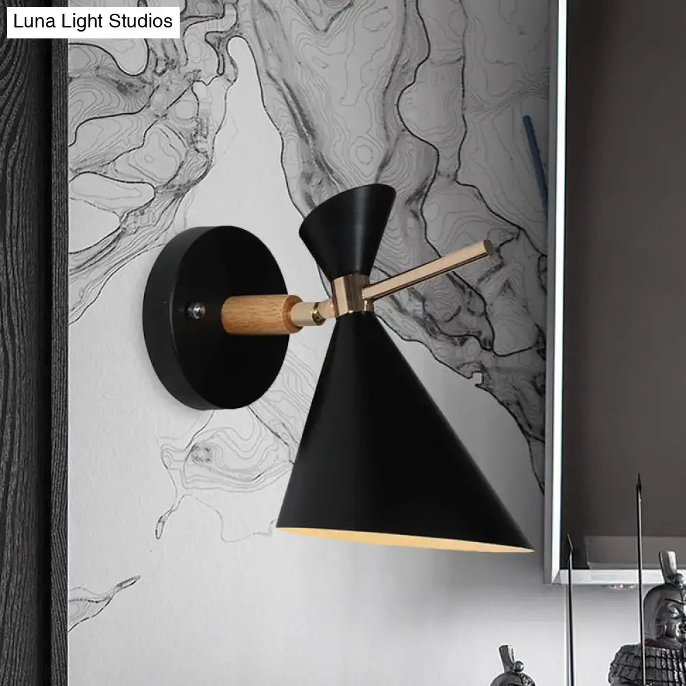 Black Angle Wall Sconce with black cone shade, brass arm and wood accent by Decorbites on Tampa Home & Garden Store
